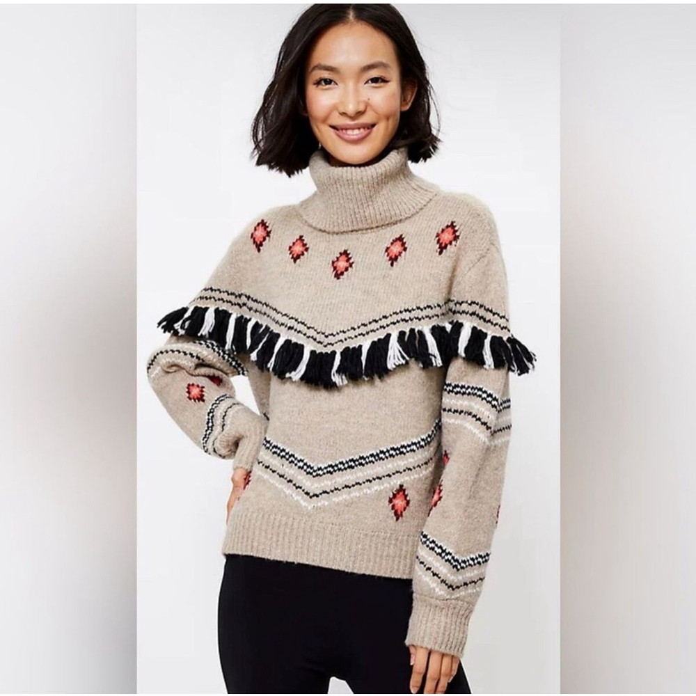 Lou & Grey Fringe Fair Isle Turtleneck Sweater Boho Western Wool Blend